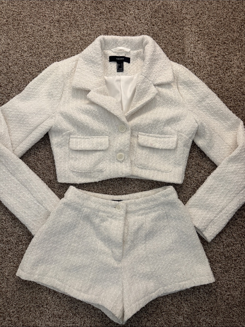 Forever 21 White Tweed Cropped Blazer and Shorts Set